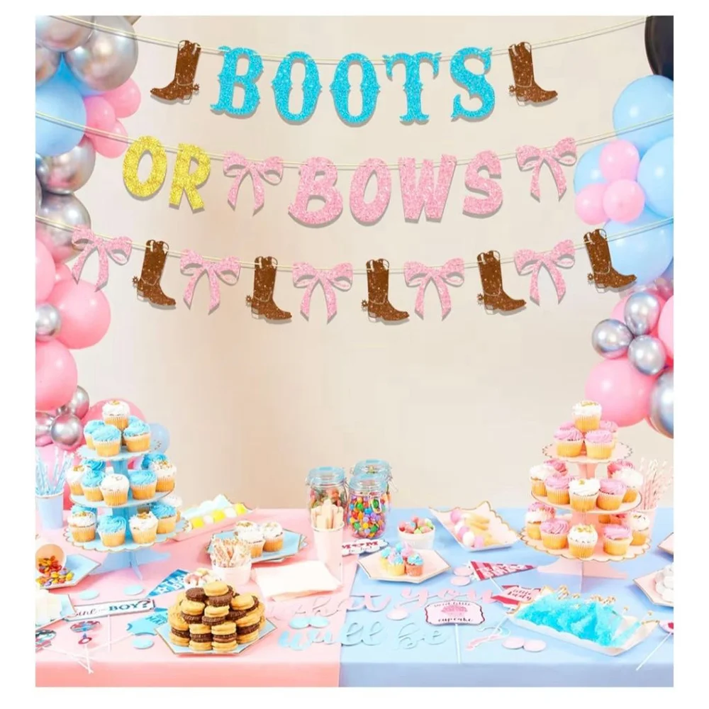 Boots or Bows Gender Reveal Party Decorations Banner and Table Cloths Brown Pink